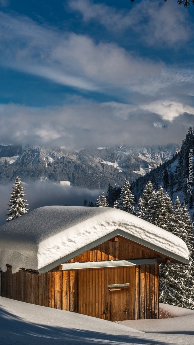 Chatka drewniana w górach przysypana śniegiem
