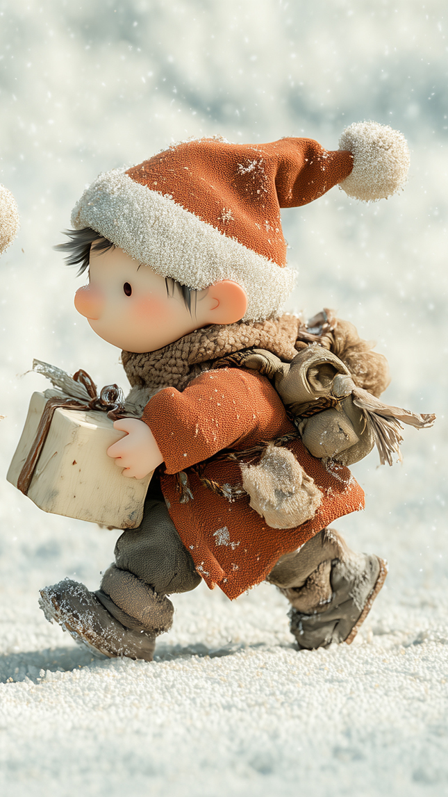 Chłopiec w czapce Mikołaja z prezentem idący po śniegu