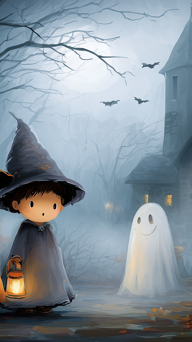 Chłopiec z latarnią obok małego duszka