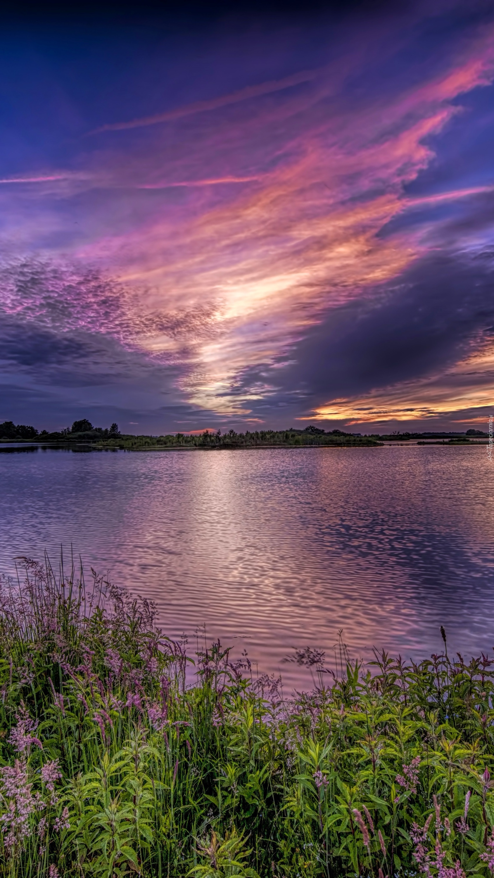Chmury o zachodzie słońca nad rzeką i łąką