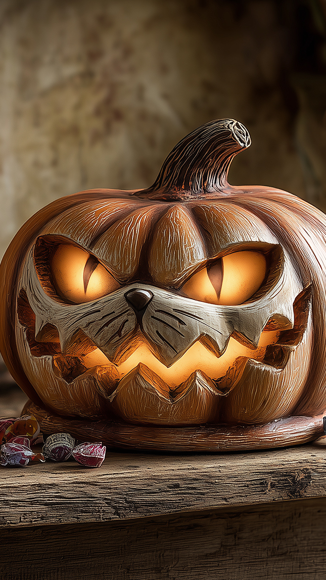 Cukierki obok świecącej dyni na deskach