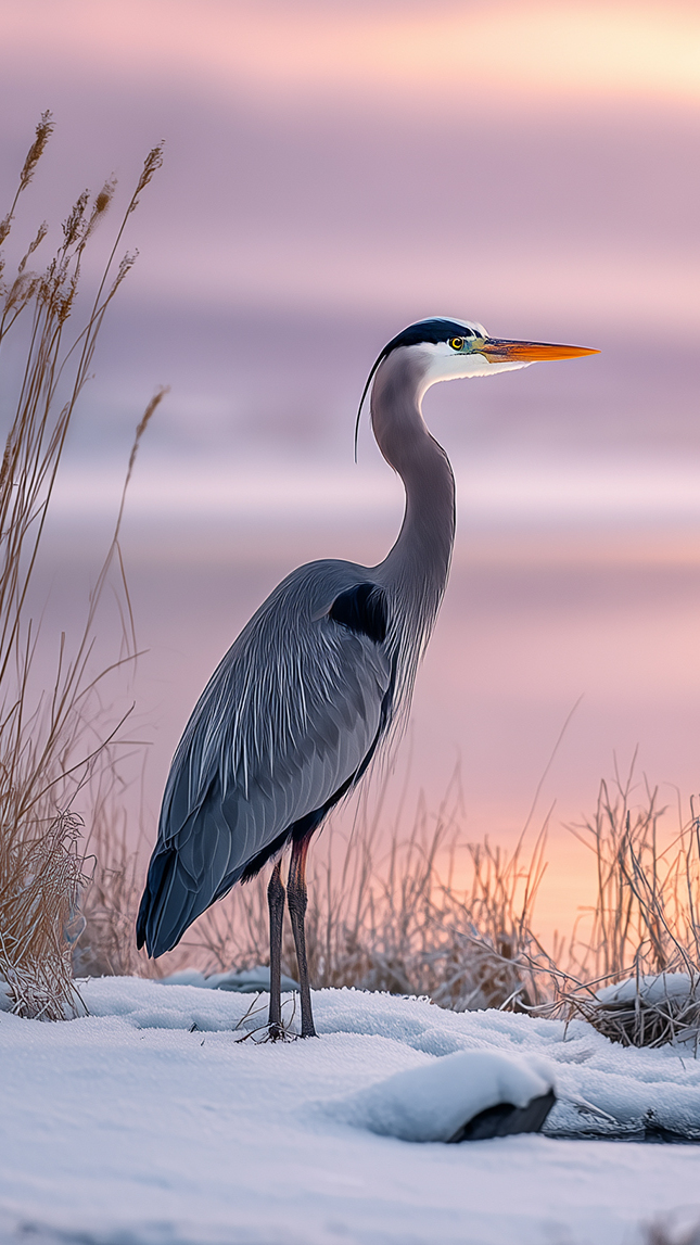 Czapla na śniegu nad jeziorem