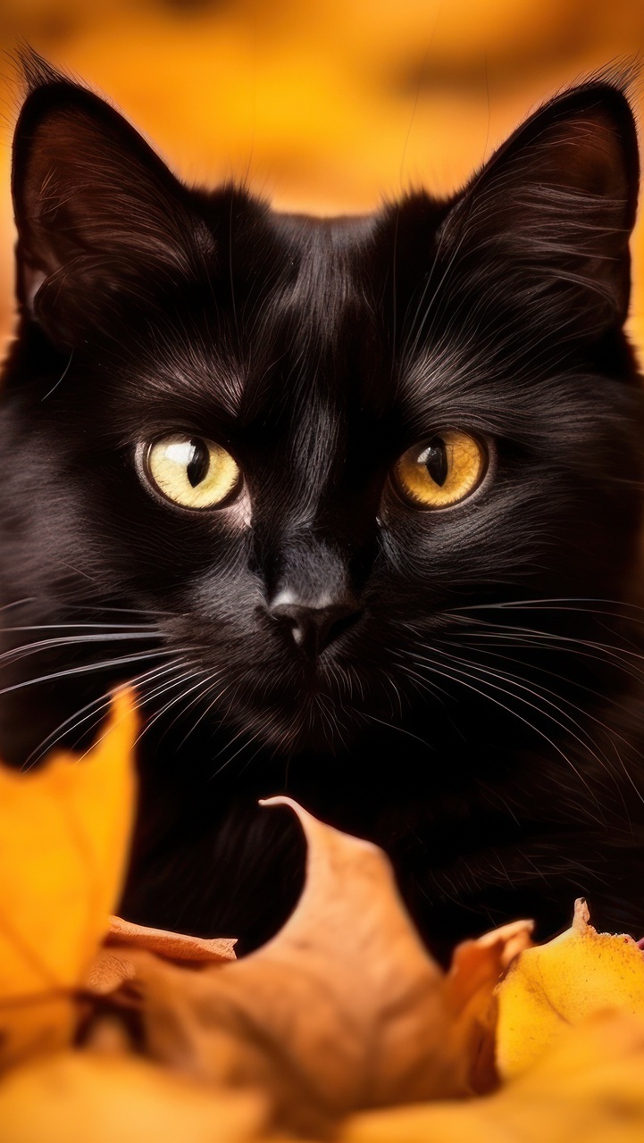 Czarny kot leżący na jesiennych liściach