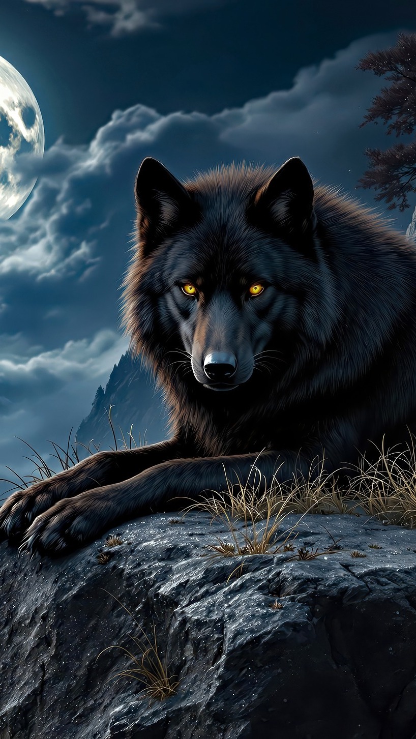 Czarny wilk leżący na skale