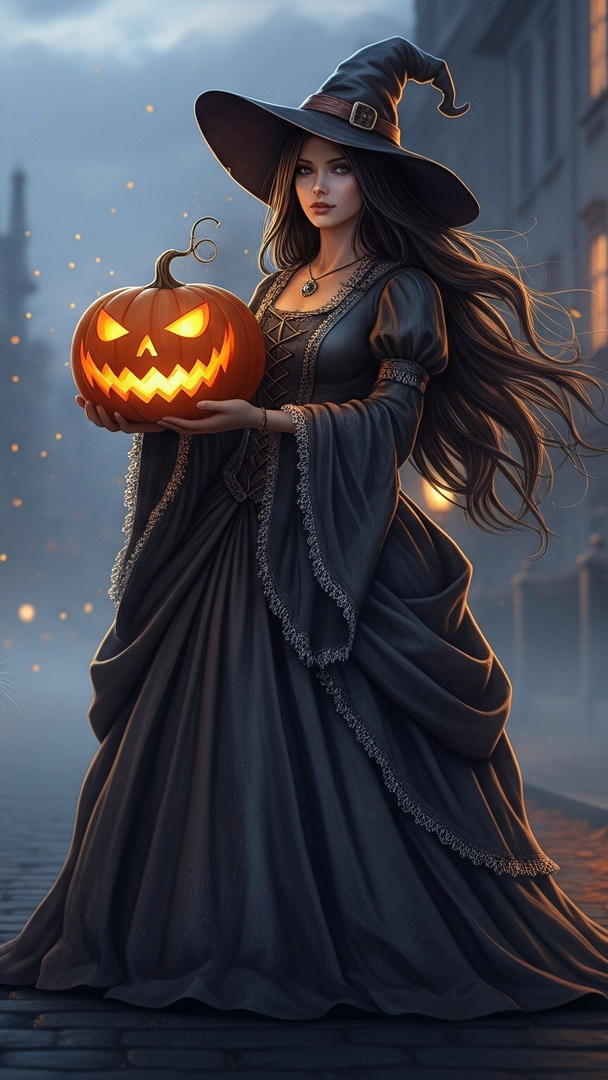 Czarownica ze świecącą dynią w rękach