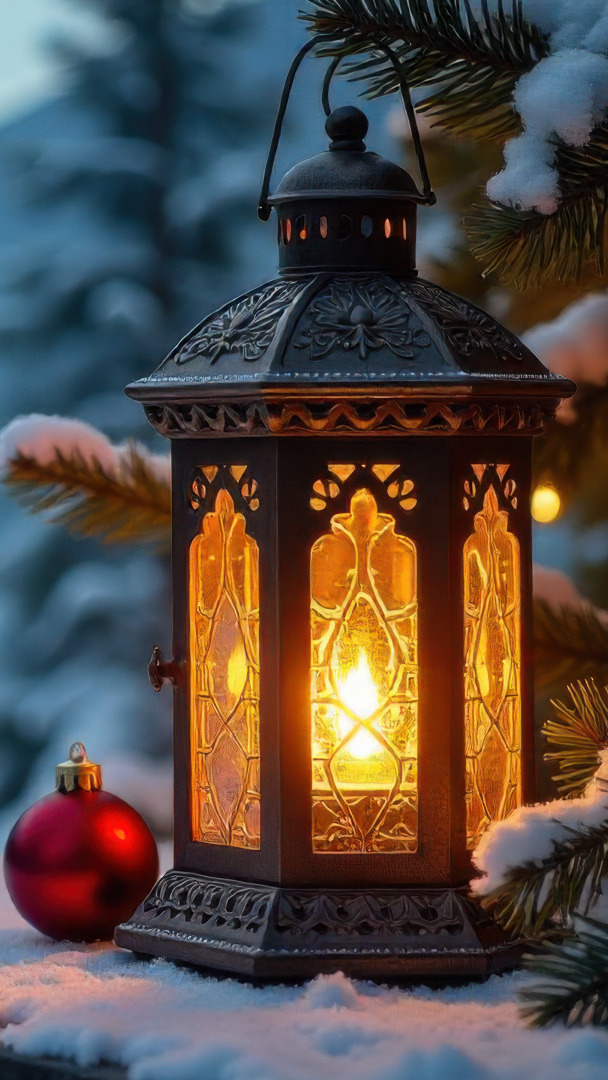 Czerwona bombka obok lampionu z zapaloną świeczką na śniegu