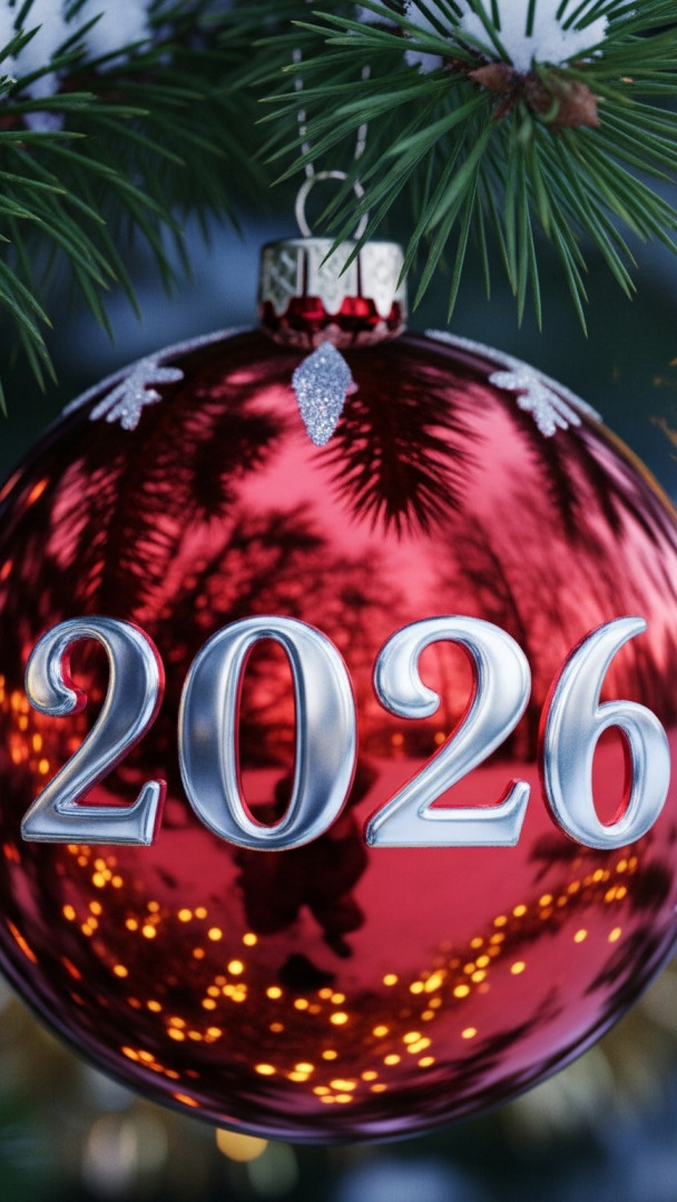 Czerwona bombka z datą 2026 na gałązce świerkowej