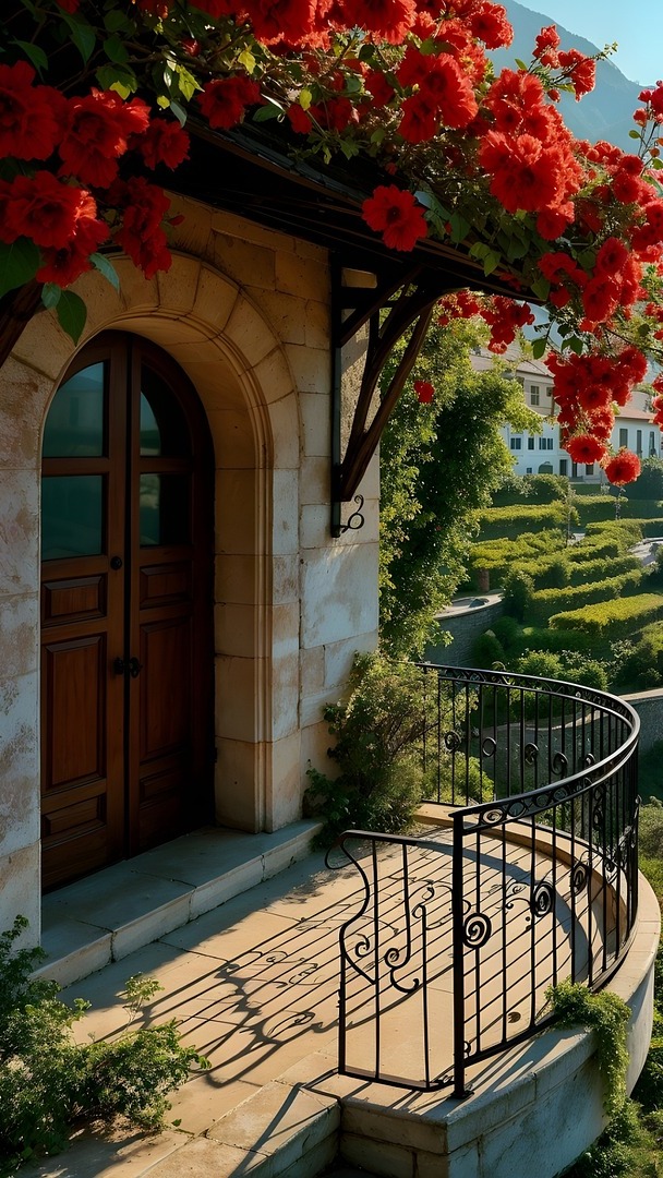 Czerwone pnące kwiaty nad balkonem