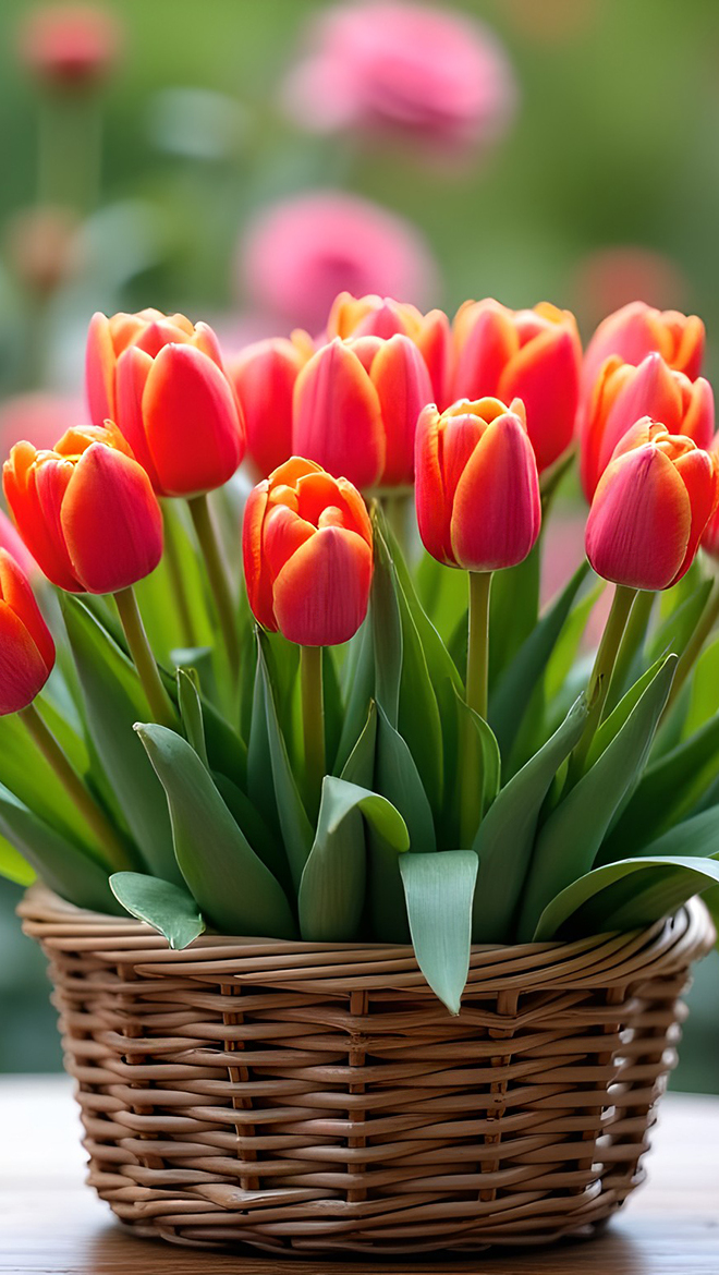 Czerwone tulipany w koszyku