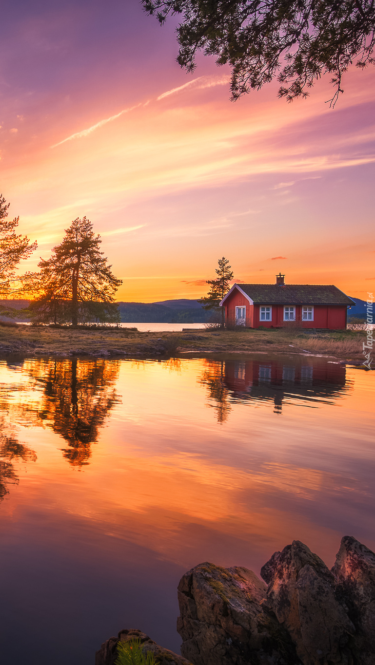 Czerwony domek nad Jeziorem Vaeleren w Norwegii