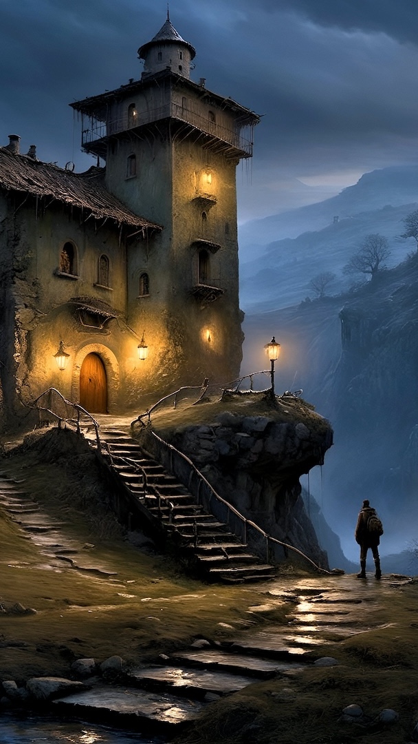 Człowiek i schody przed oświetlonym starym domem
