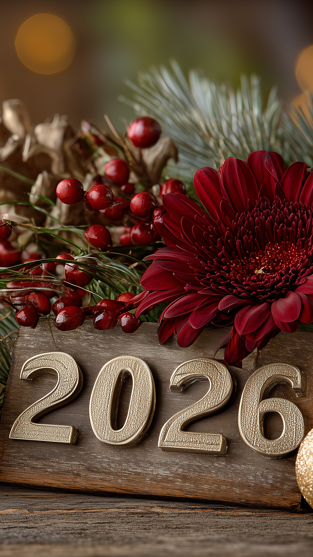 Data 2026 na desce obok kwiatka i czerwonych jagód