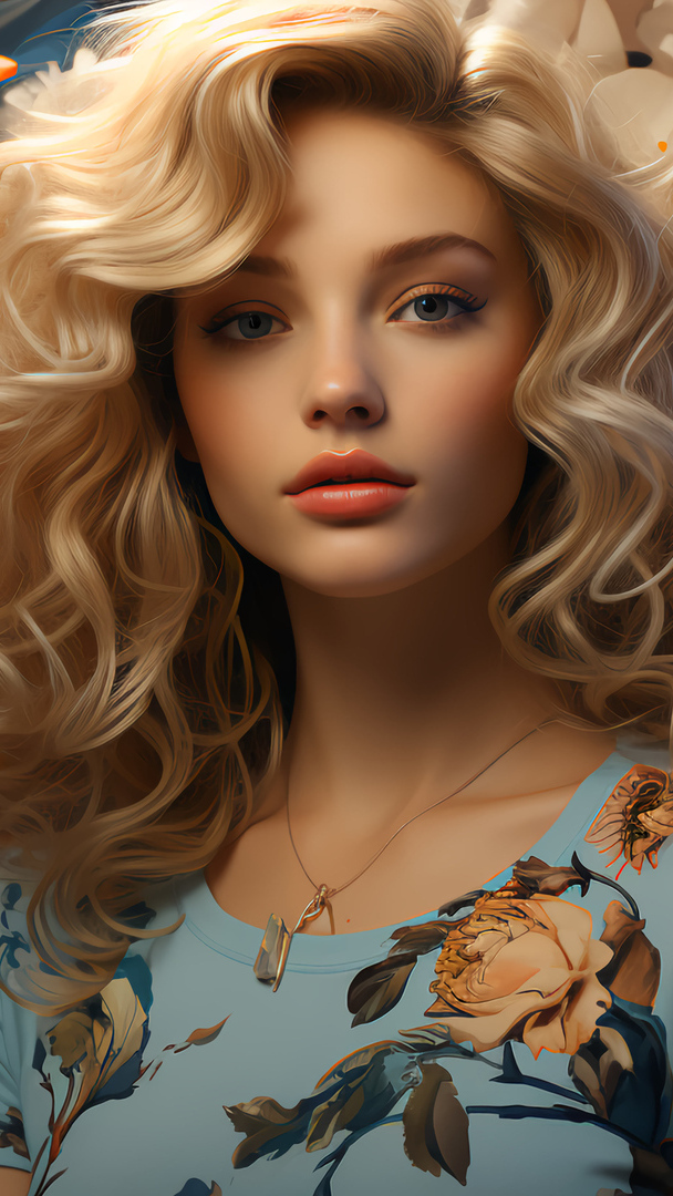 Długowłosa blondynka w niebieskiej bluzce w kwiatki