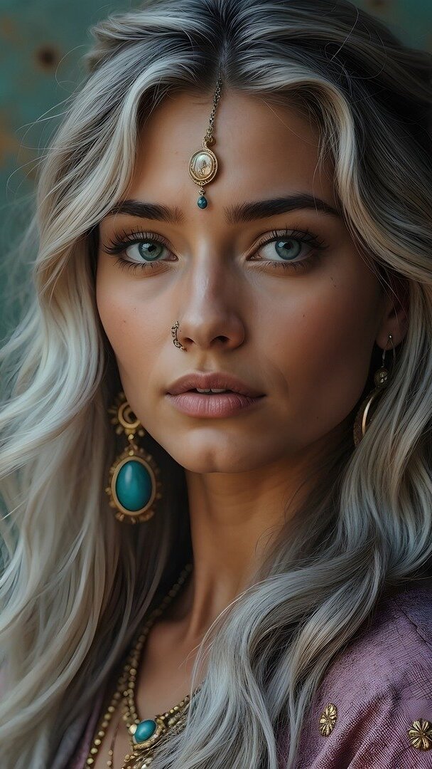 Długowłosa blondynka z biżuterią na czole i szyi