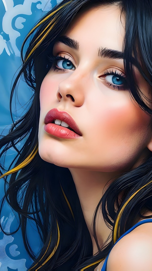 Długowłosa brunetka z niebieskimi oczami