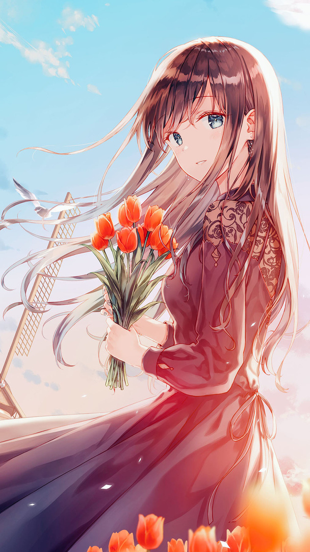 Długowłosa dziewczyna z tulipanami w anime