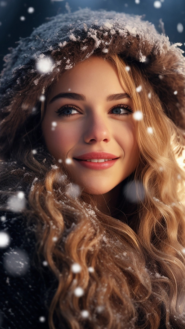 Długowłosa dziewczyna ze śniegiem na czapce