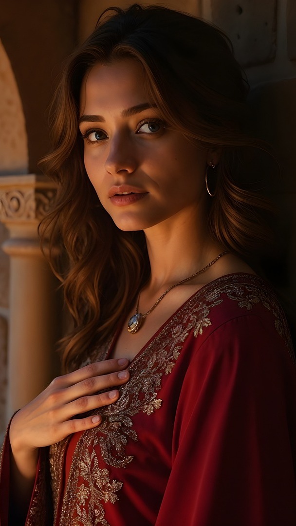 Długowłosa kobieta w czerwonej bluzce stojąca przy murze