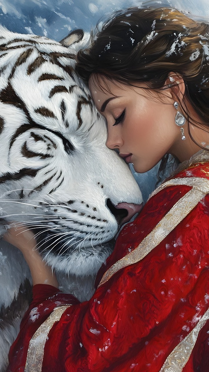 Długowłosa szatynka i biały tygrys