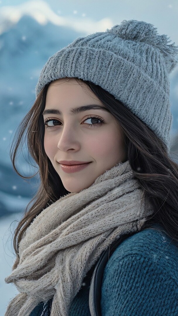 Długowłosa szatynka w czapce i szaliku