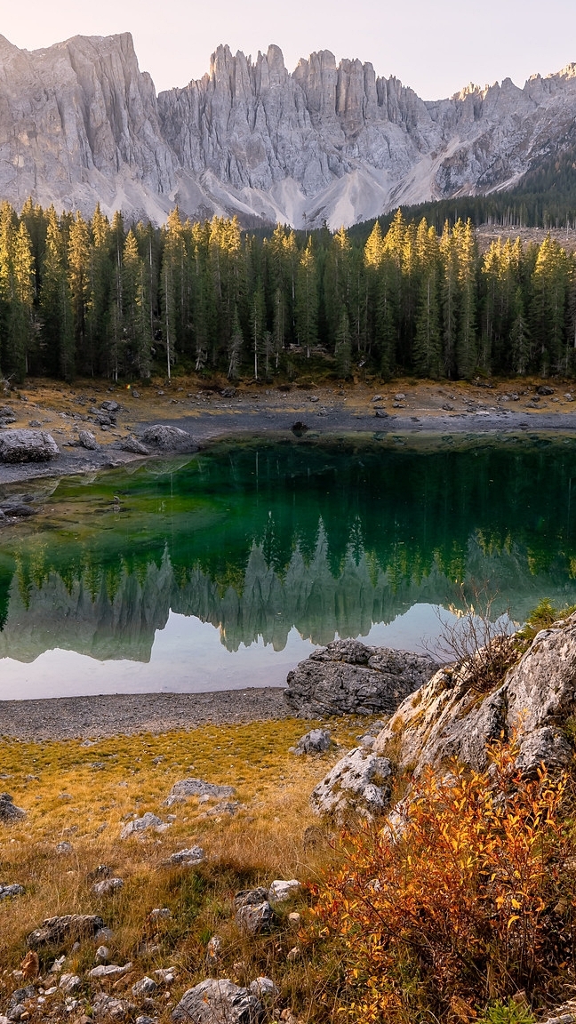 Dolomity i rozświetlone drzewa nad jeziorem Lago Karersee