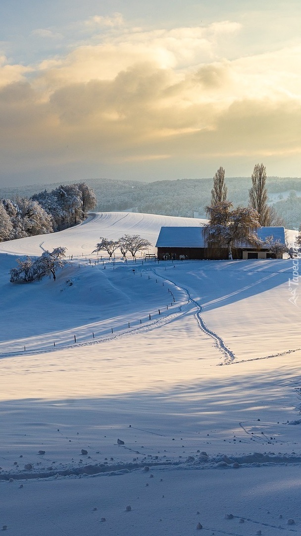 Dom na wzgórzu przysypany śniegiem