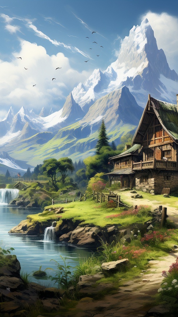Dom nad rzeką w górach w grafice