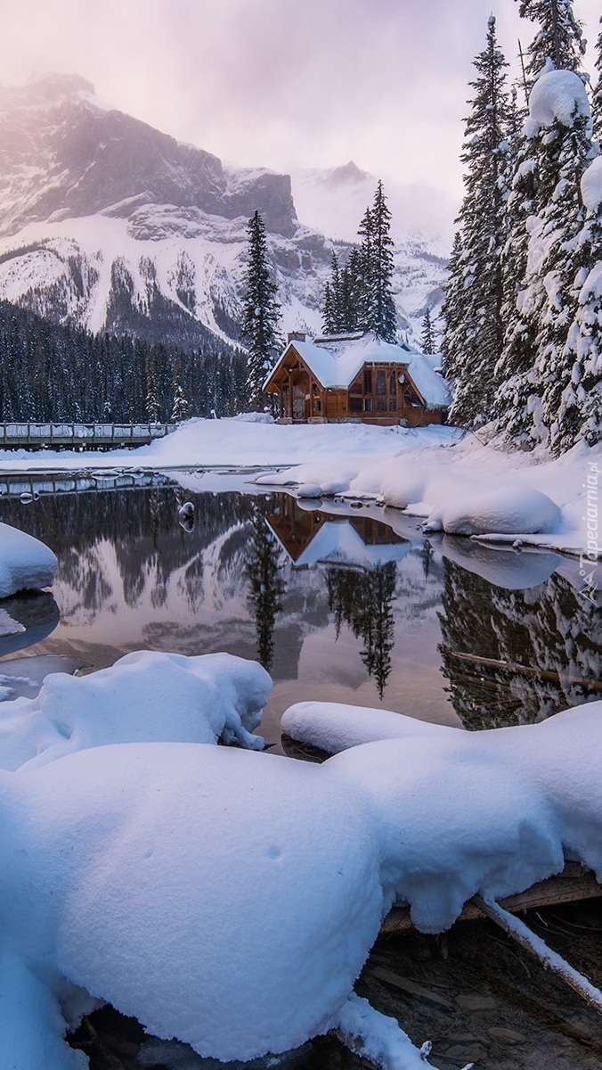 Dom pod ośnieżonym lasem nad jeziorem Emerald Lake