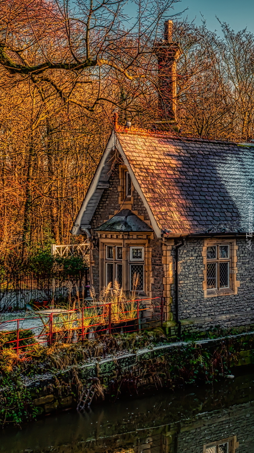 Dom pod rozświetlonymi drzewami nad kanałem