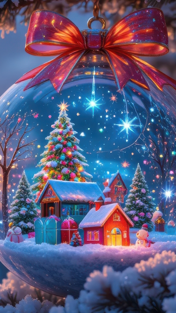 Domki i choinki w szklanej bombce z czerwoną kokardą