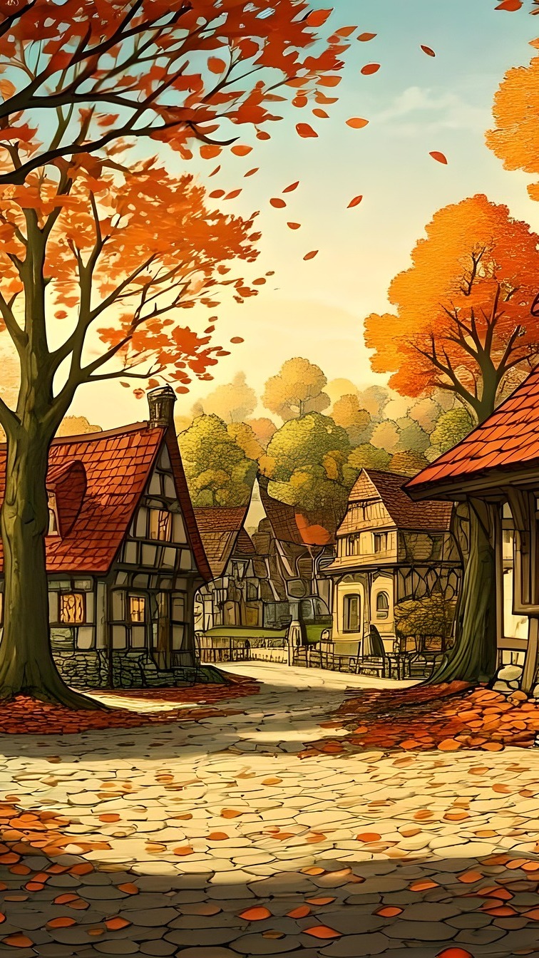 Domy i jesienne drzewa przy brukowanej ulicy