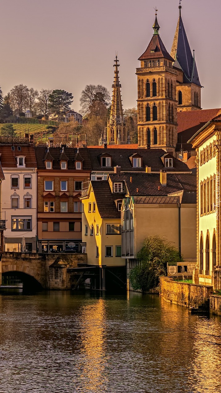 Domy i kościół nad rzeką Neckar