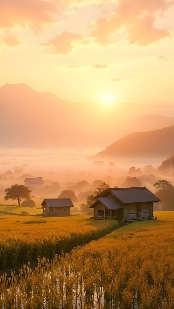 Domy na polach w zamglonej o poranku górskiej dolinie