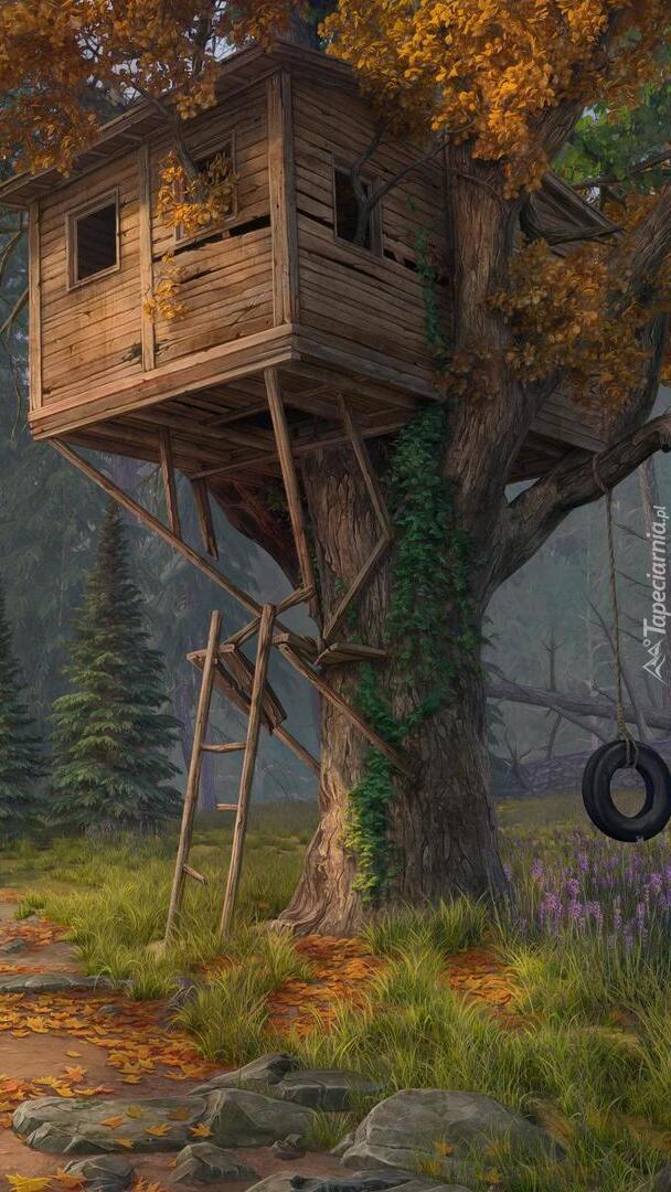 Drewniany domek na drzewie