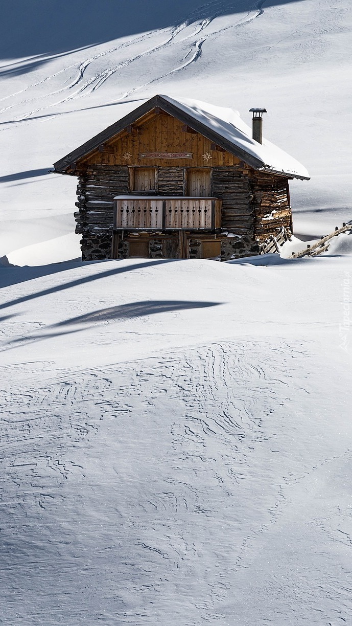 Drewniany domek na zaśnieżonym wzgórzu