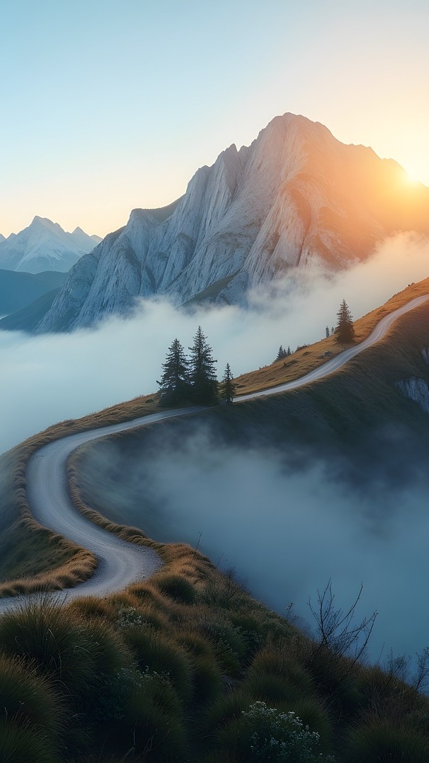 Droga i skaliste góry w porannej mgle o wschodzie słońca