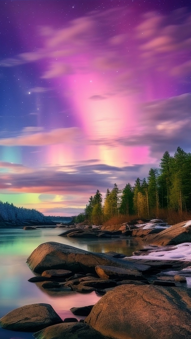 Drzewa i głazy nad rzeką z widokiem na zorzę polarną