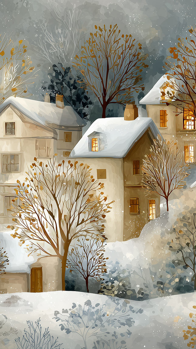 Drzewa i oświetlone domy w zimowej scenerii