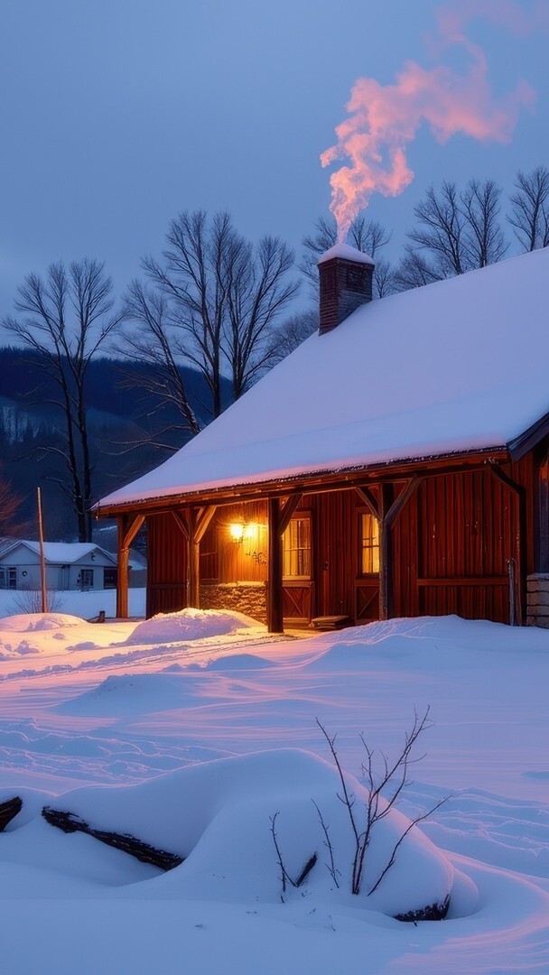 Drzewa i oświetlony dom w zimowej scenerii