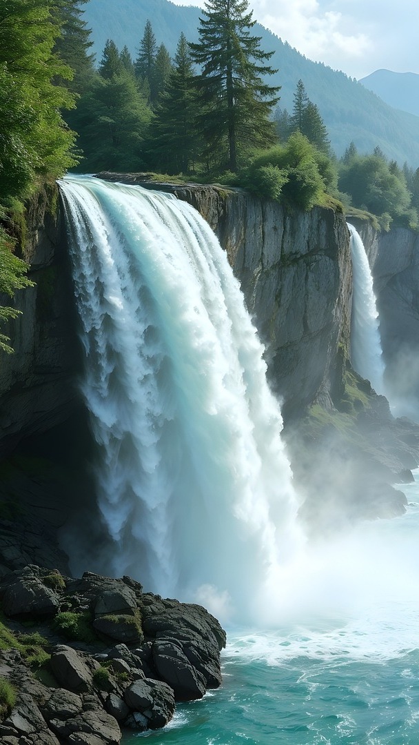 Drzewa i wodospady spływające po skałach do rzeki