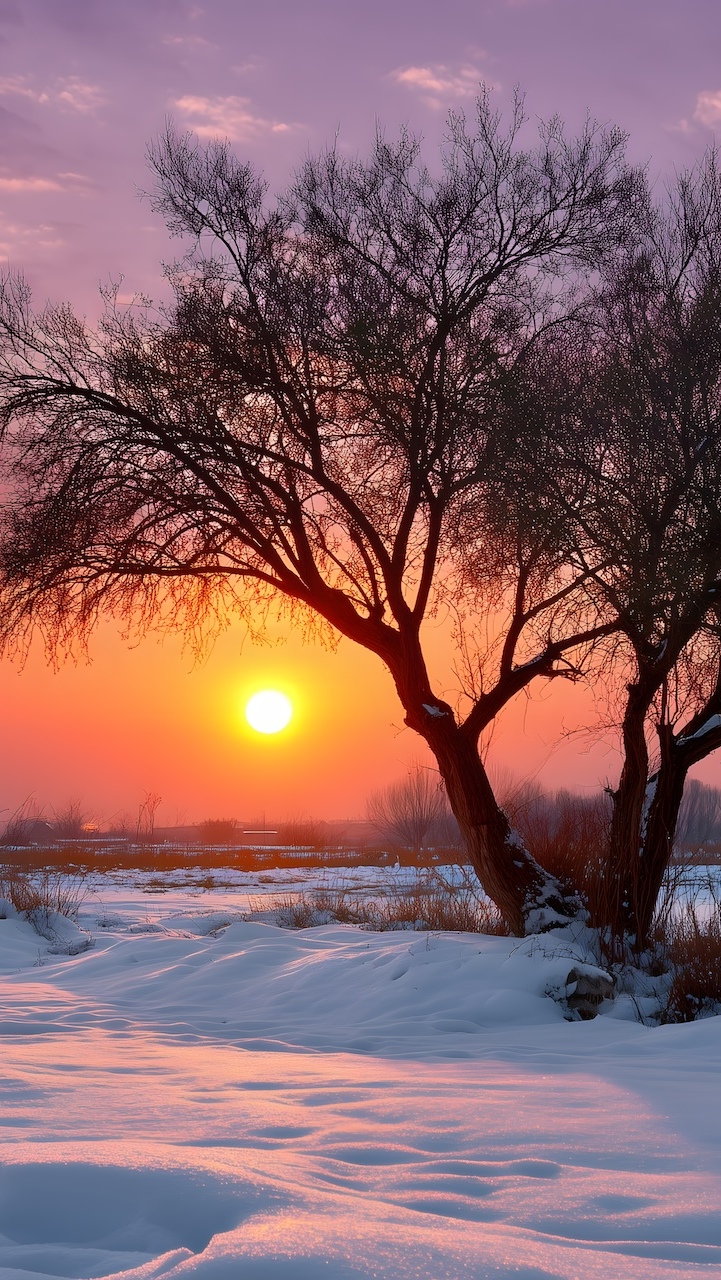 Drzewa na ośnieżonym polu o zachodzie słońca