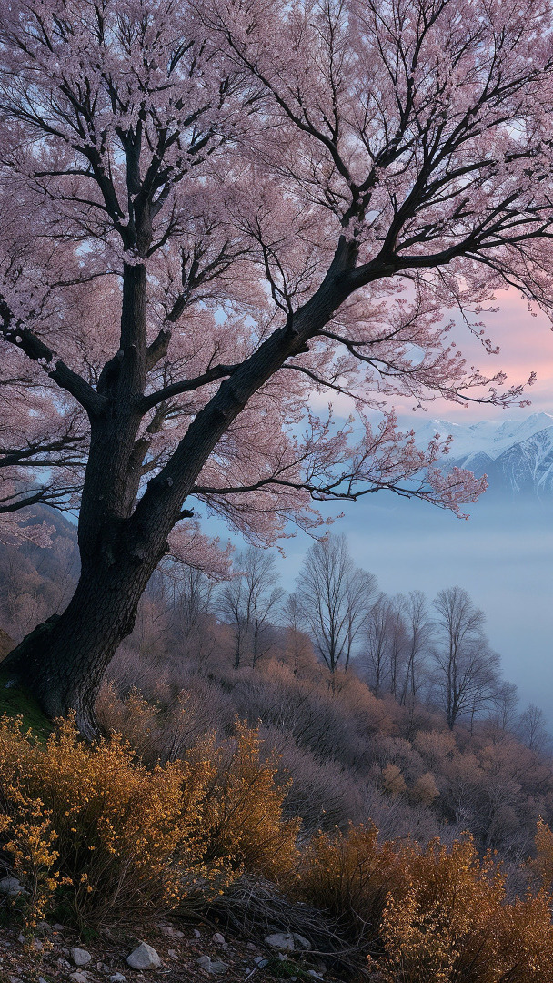 Drzewa na zboczu i mgła nad doliną