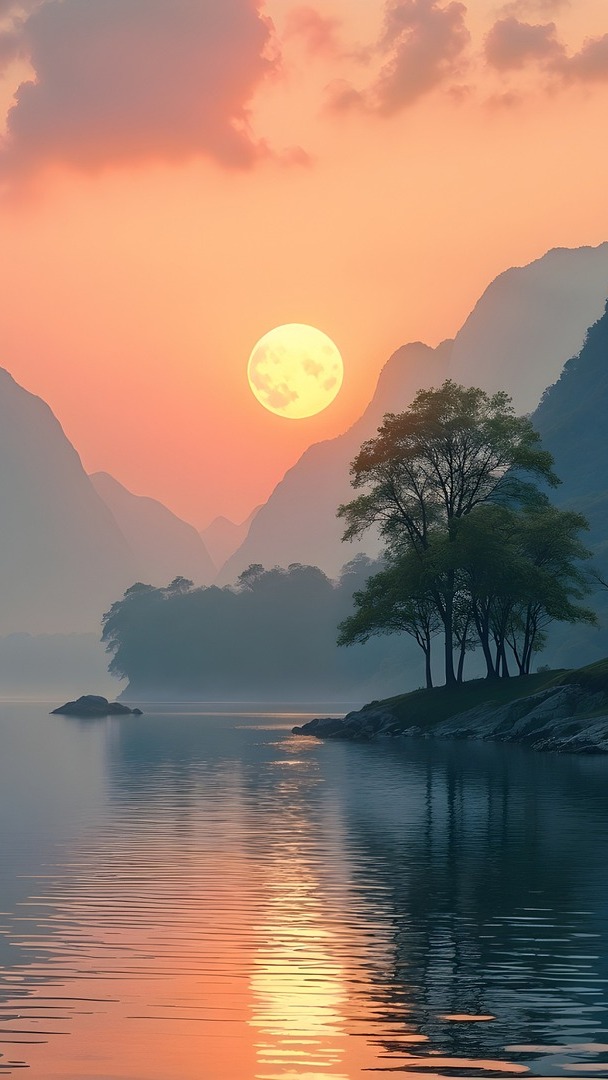 Drzewa nad jeziorem i zachód słońca nad górami