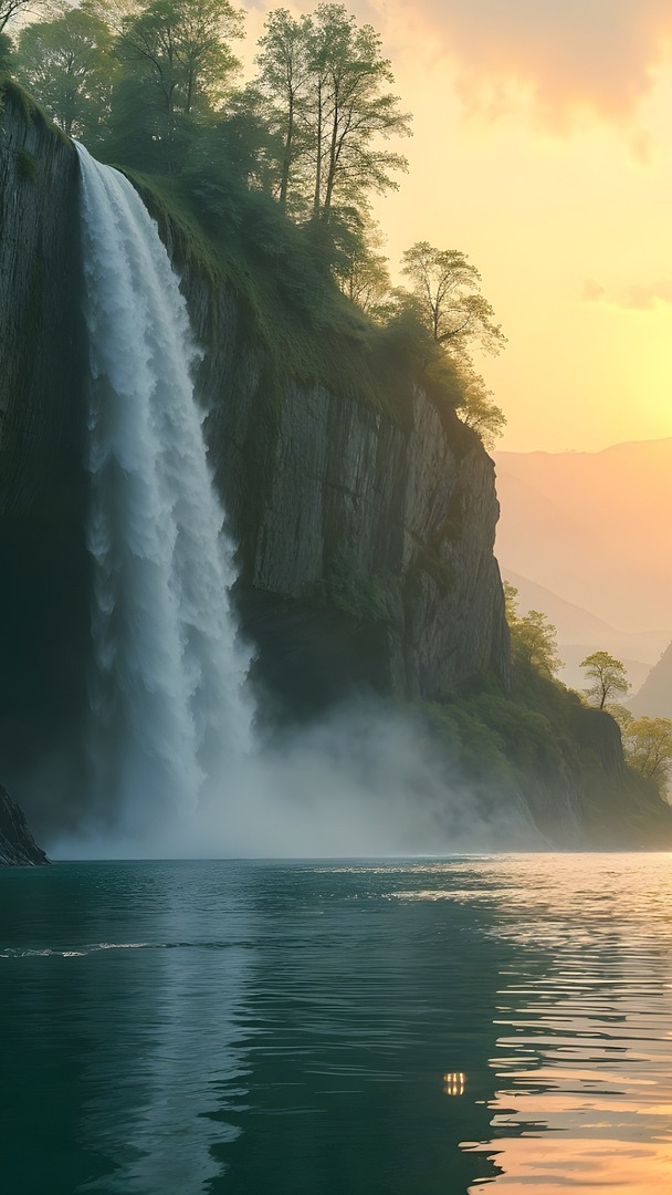 Drzewa obok wodospadu spływającego po skałach do rzeki