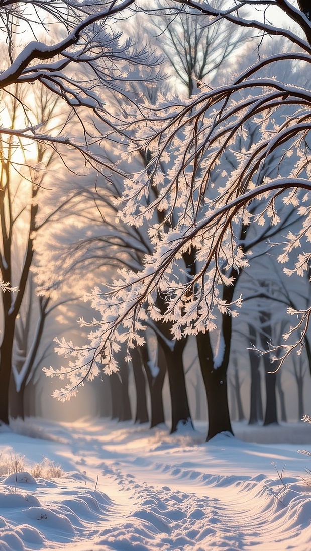 Drzewa oświetlone słońcem w zimowym lesie
