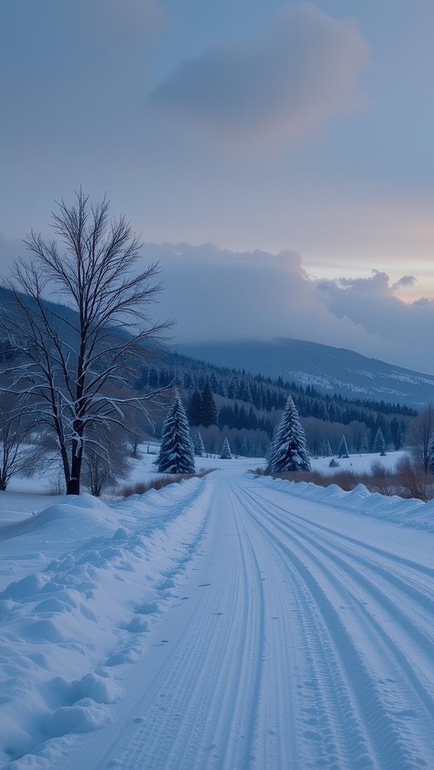 Drzewa przy zaśnieżonej drodze