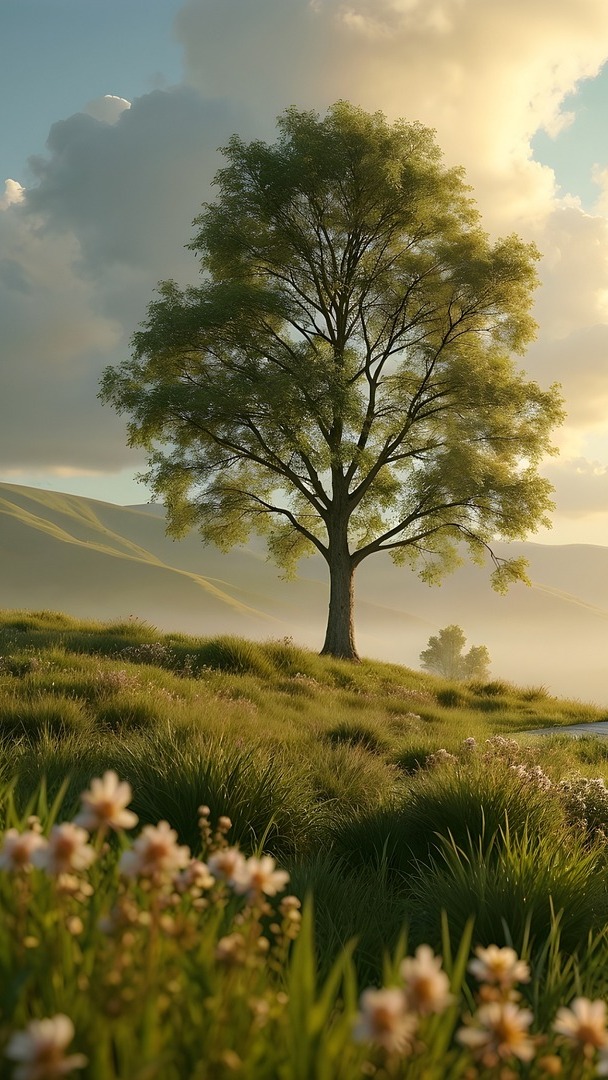 Drzewo i kwiaty na łące