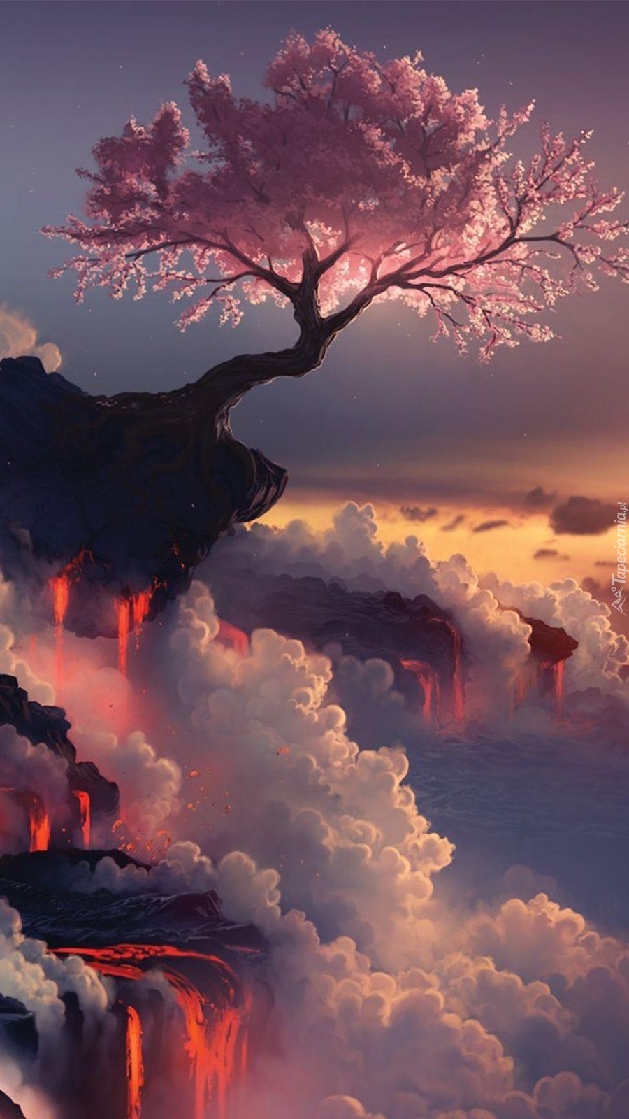 Drzewo pochylone nad wulkanem