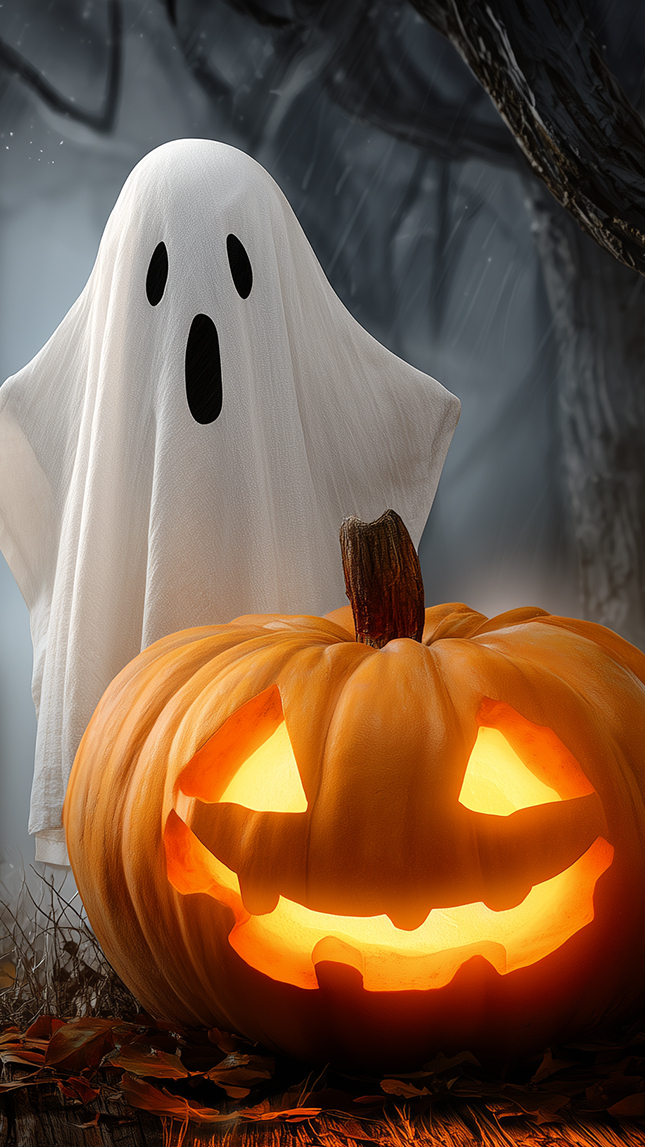 Duch obok świecącej dyni na Halloween