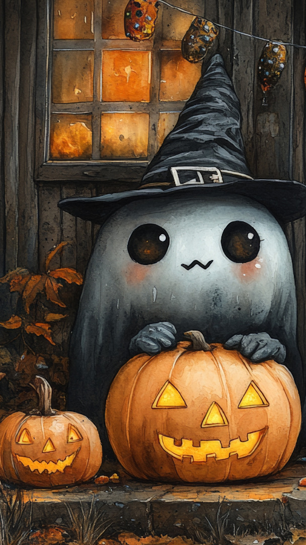 Duszek w czarnym kapeluszu ze świecącą dynią przed domem